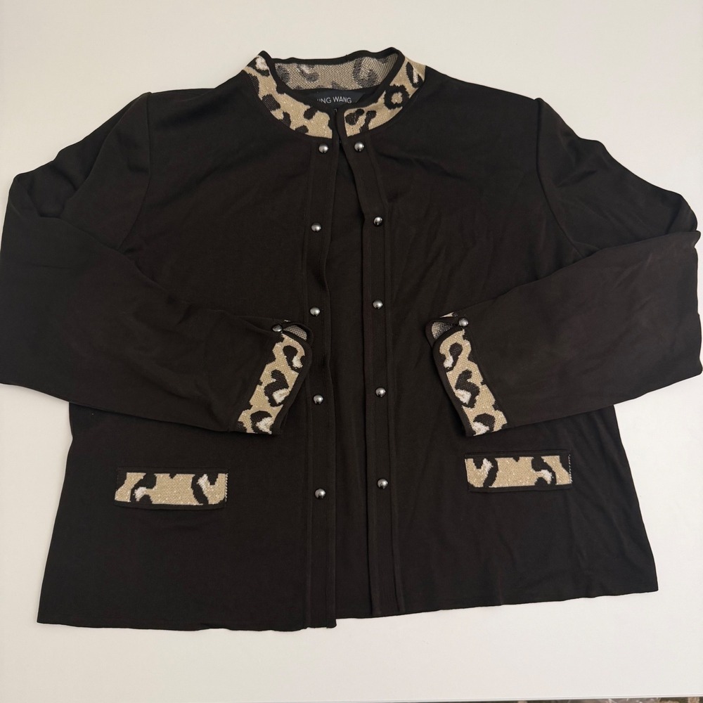 Ming Wang Brown Knit Cardigan Animal Print Trim Shoulder Pads XL Espresso Office